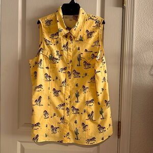 Tin Haul Yellow Western Horse Print Sleeveless Button-Down Shirt